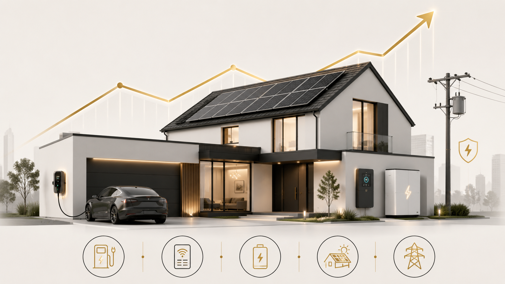 Modern home showing electrical service capacity, EV charging, solar power, battery backup, and smart energy features